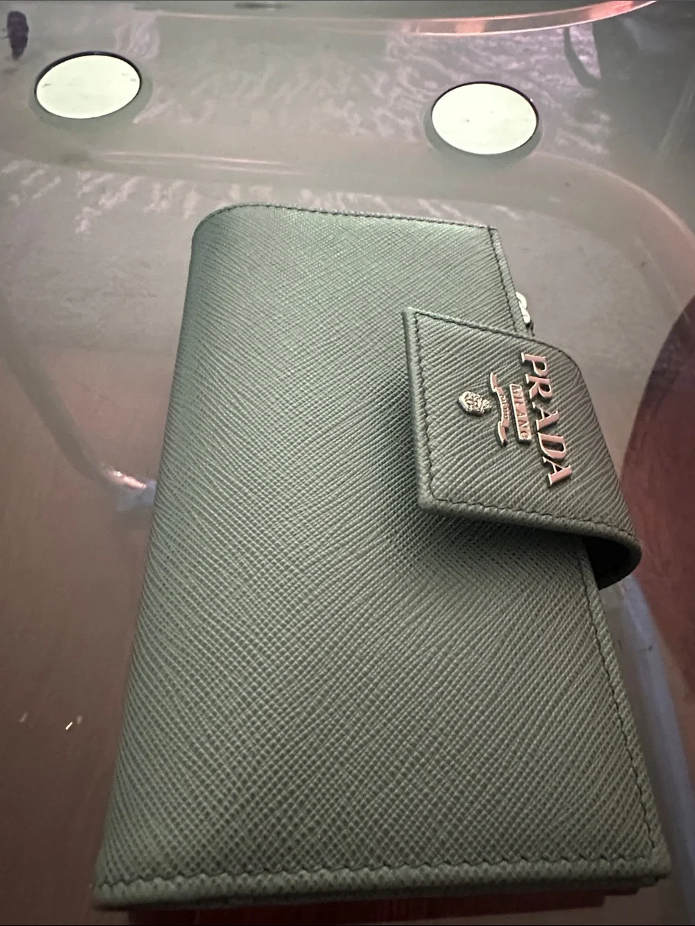 Prada Green Saffiano Card Holder Wallet with Logo Snap